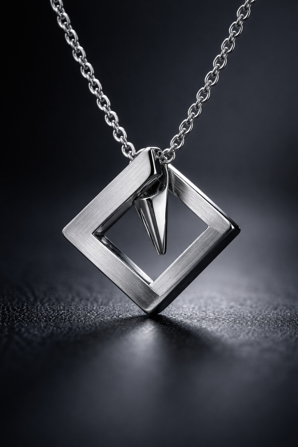 Macro product shot of a polished silver necklace with reflective surfaces.